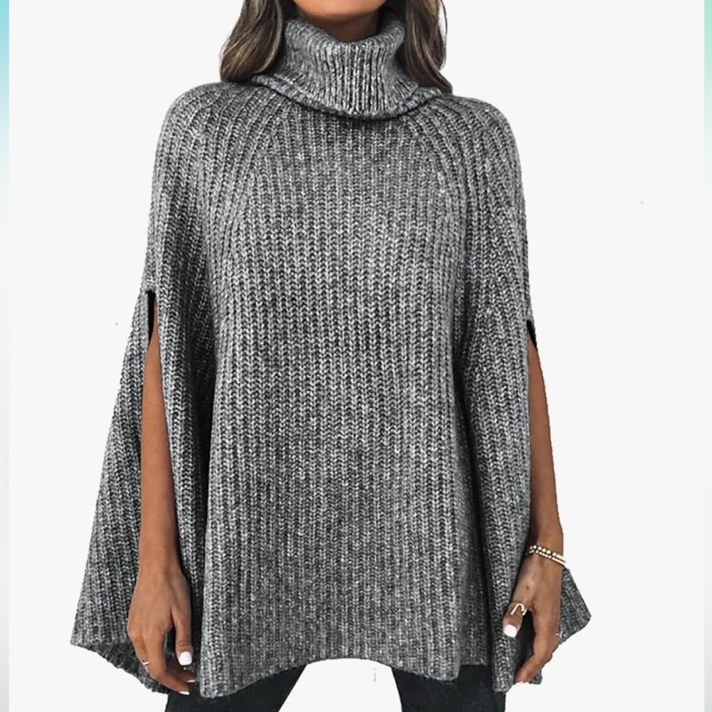 Gray Turtleneck Poncho Knit Sweater